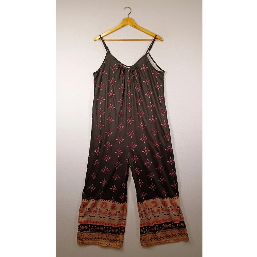 Boho Floral ANRABESS Women Large Black Wide Leg Adjustable Strap Jumpsuit